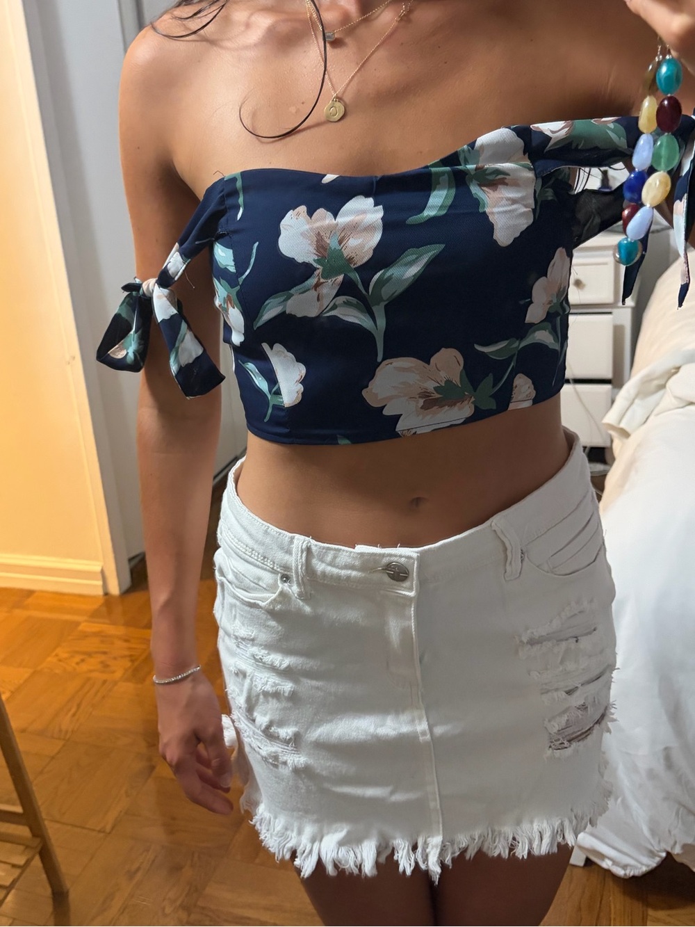 Missguided Navy Floral Off-Shoulder Tie Crop Top